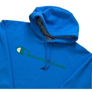 Champion PowerBlend Fleece Hoodie XL Blue Green Logo Pullover Sweatshirt